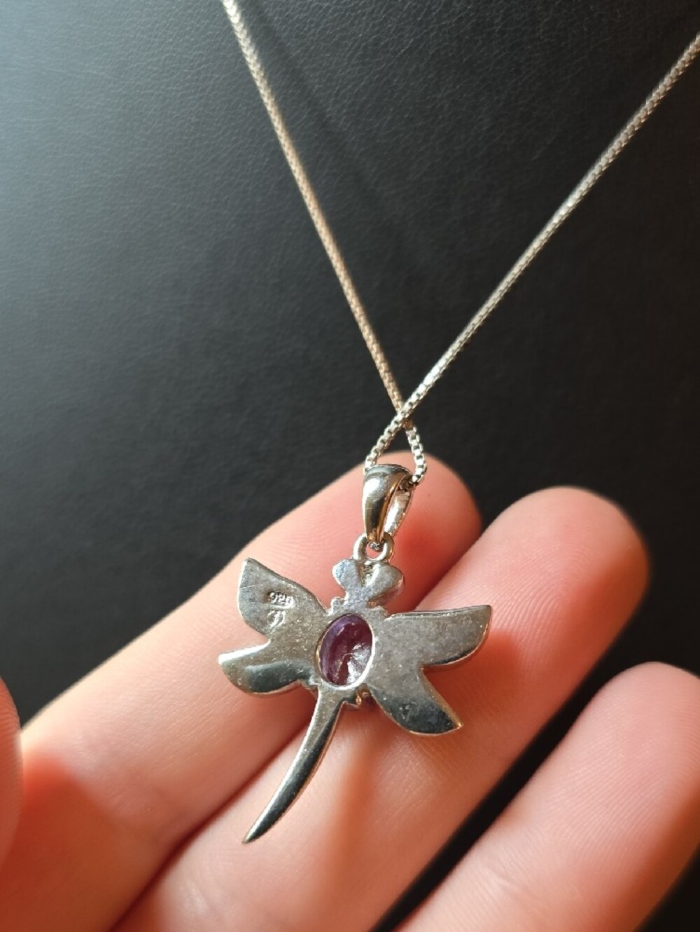 Silver Dragonfly Pendant Necklace with Amethyst Center and Blue-Green Opal Wings - Picture 8 of 9
